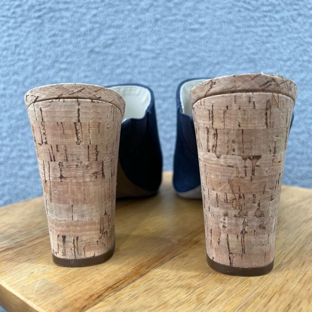 Anne Klein Cork Heels Size 10M Slides Mules Open Peep Toe Spring Summer Denim - Picture 5 of 10